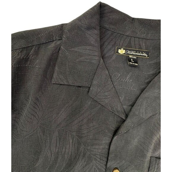 Duke Kahanamoku 100% Silk Shirt Hawaiian Black Tonal Embossed Palms Cabana LARGE - Picture 15 of 16